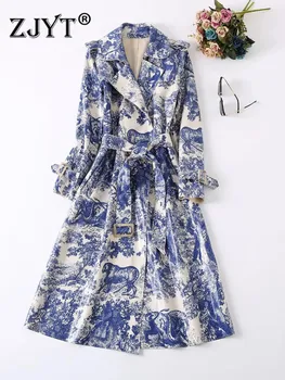 ZJYT de la Mode de la Piste de l'Automne Hiver de Trench-Coat pour les Femmes 2022 Luxe Vintage d'Impression de Longues coupe-Vent Élégant de la Veste de Vêtements de dessus Bleu