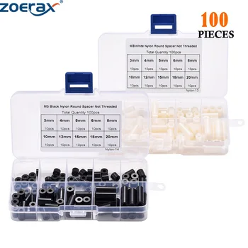 ZoeRax 100pcs M3 Nylon Rond ABS Métrique Entretoise d'Isolation en Plastique Impasse Non Filetés pour Vis Assortiment Kit de Jeu Noir&Blanc